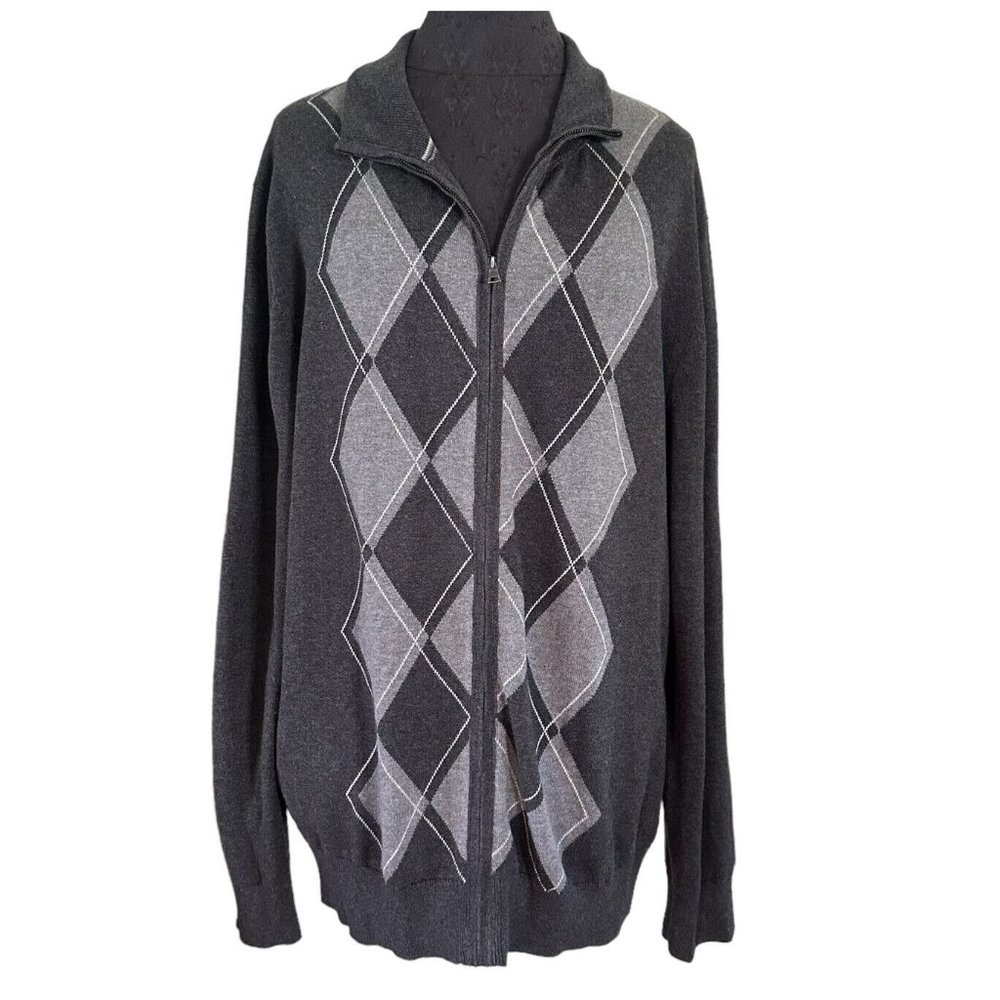 Banana Republic Cardigan Sweater Men’s Size XL Gray Argyle Zip Front